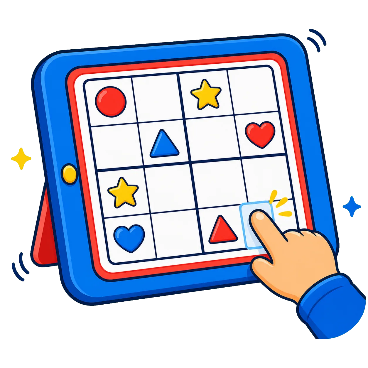แท็บเล็ตเกม Sudoku พร้อมมือกำลังเลือกช่อง